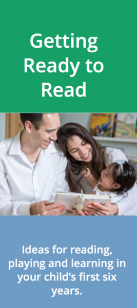 Cover of Getting Ready to Read brochure, with picture of parents reading to a small child