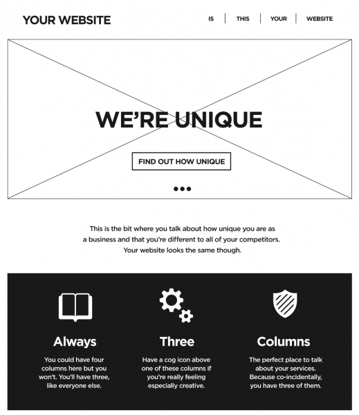  wireframe of typical website, with large "we're unique" hero image