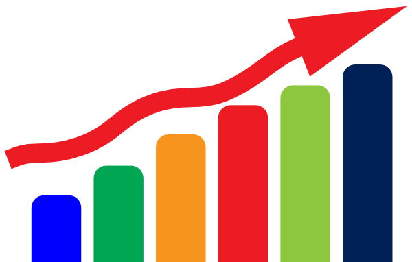 Multicolored bar chart with red arrow pointing up and to the right.