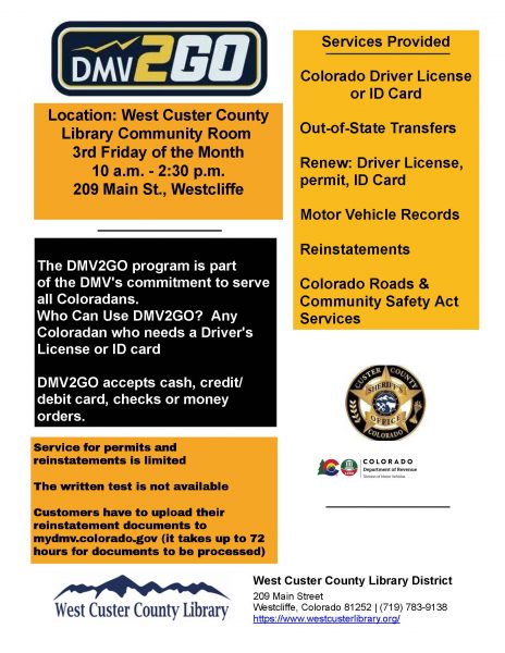 DMV 2 Go flyer for Custer County Library 