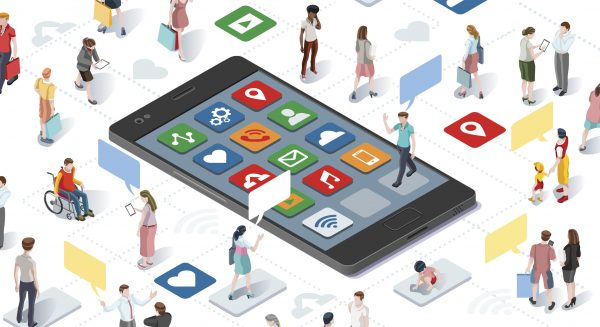 Cartoon of giant phone and various people and app symbols