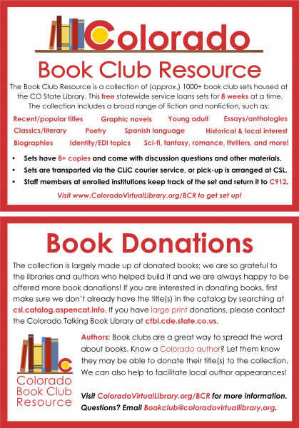 Postcard size flier for the Book Club Resource showing program information, available genres, and information on book donations.