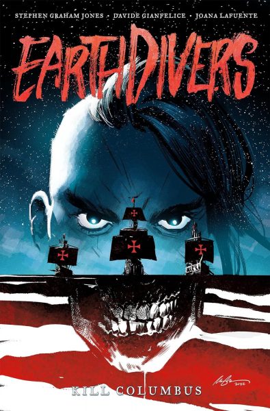 Earth Divers Volume 1 cover art. The aminated face of a man with a partially shaved head, on a blue sky background, and pirate shops on the water, with the lower portion of his face a skeleton's jaw in a red and white sea.