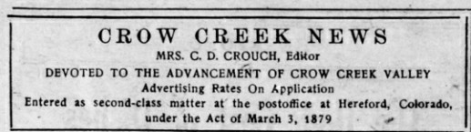Clipping of the Crow Creek News. The clipping shows Mrs. C. D. Crouch as Editor.