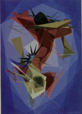 Abstract illustration of a Native American man in native costume dancing on a blue background. The image is taken from the cover of Kenneth Lincoln's book, Native American Renaissance.