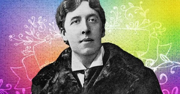 Oscar Wilde portrait with background of rainbow colors