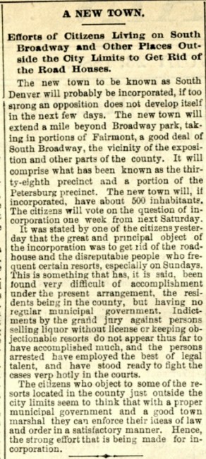 Newspaper clipping of the Rocky Mountain News reporting on the incorporation of South Denver.