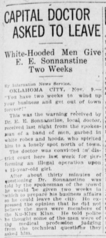 Newspaper clipping detailing Sonnanstine's encounter with white hooded men and asked to leave town.