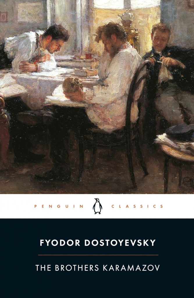 Cover art for The Brothers Karamazov, -the image shows three men in Russian peasant attire, at a table in front of a window in a house or cafe