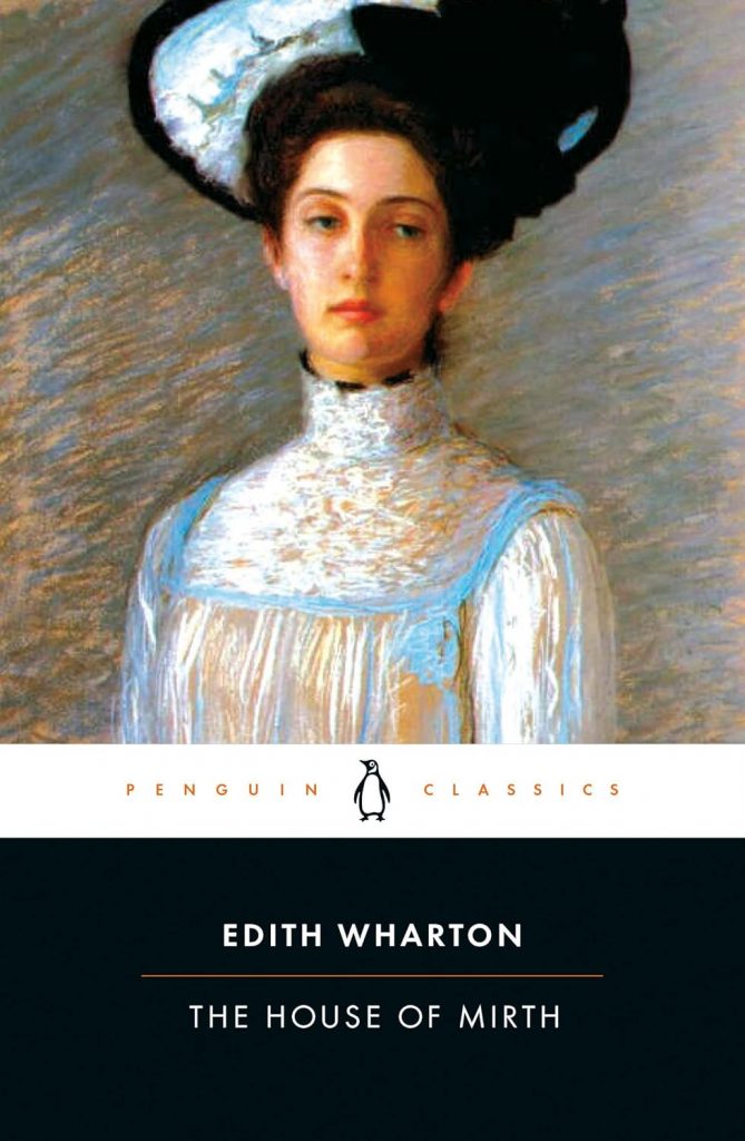 Cover art for The House of Mirth. Image is of a woman with black hair, and a white and blue dress - with a matching hat.
