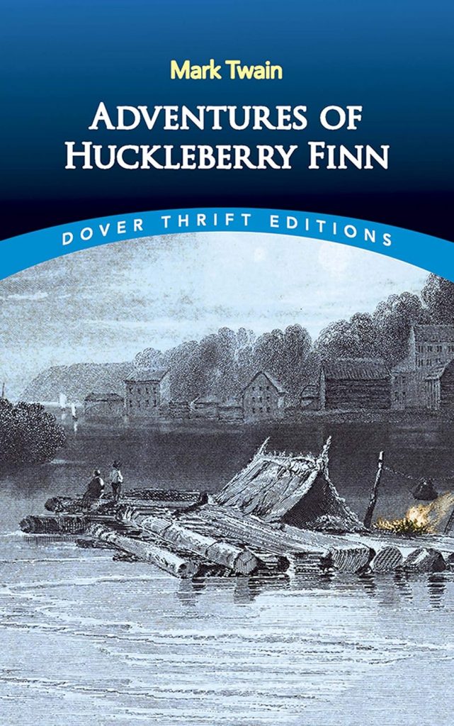 Cover art for The Adventures of Huckleberry Finn. The image is of a log raft with a tent one it floating down the mississippi river.