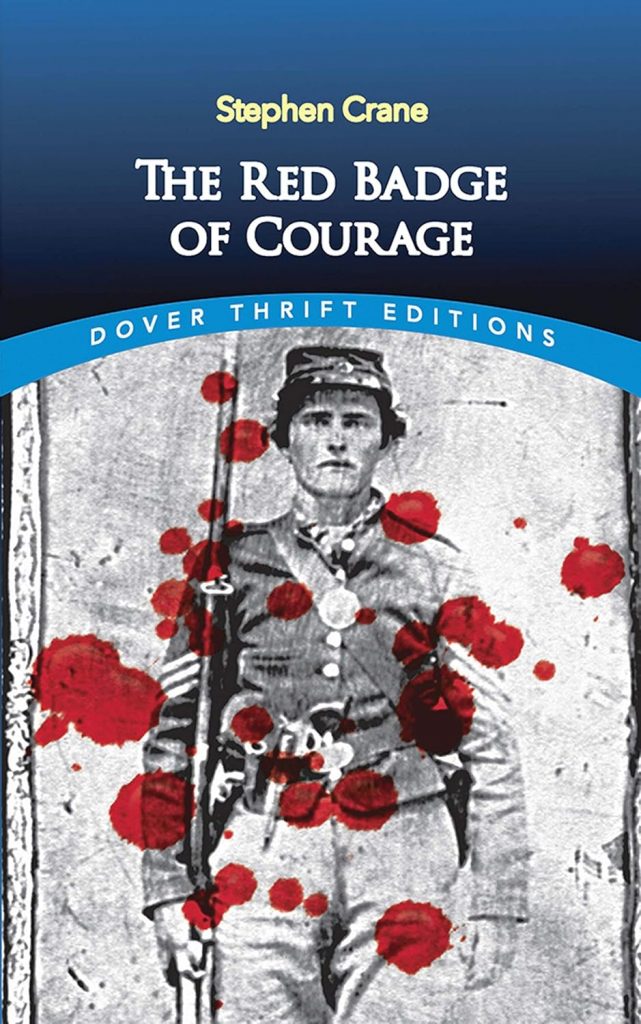 Cover Art for The Red Badge of Color by Stephen Crane. The black and white image of a civil war soldier with a rifle and bayonet is covered with red dots - symbolizing blood.