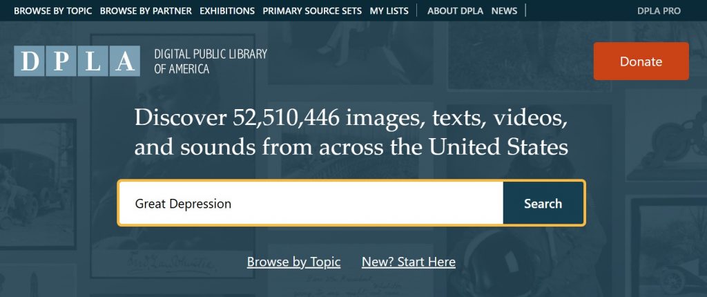 Screen shot of the DPLA homepage where you can start  your search.