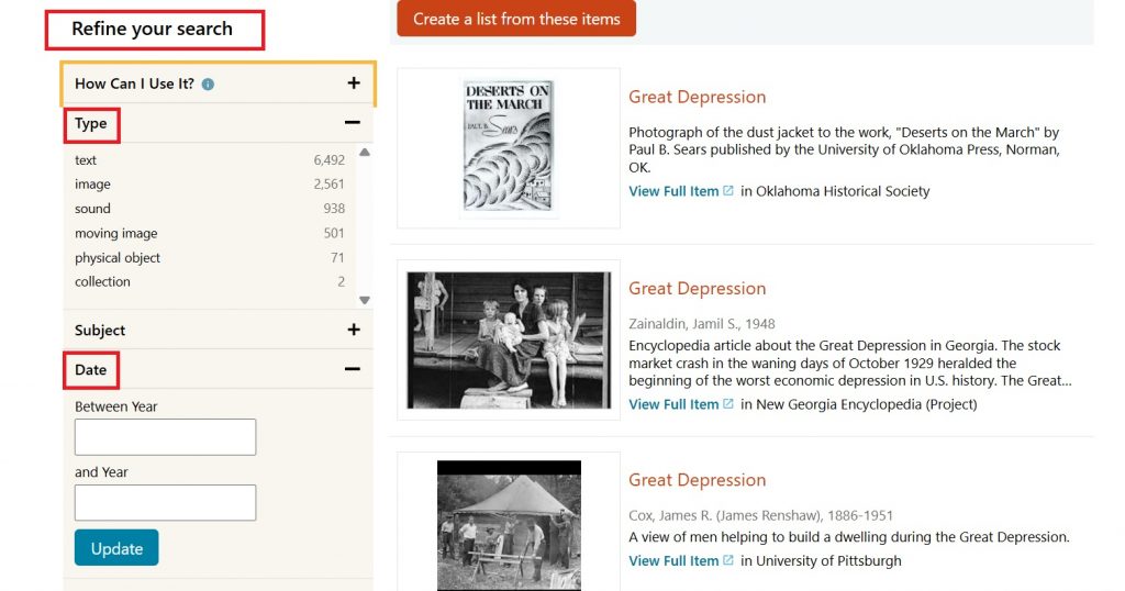 DPLA results page for the search Great Depression.