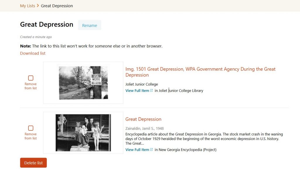 Screenshot of a list created using DPLA's "My List" feature