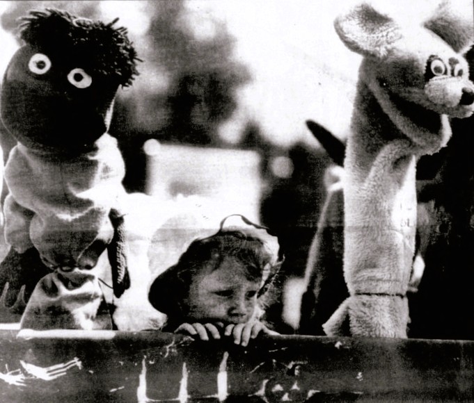 A young child stands between two hand puppets.