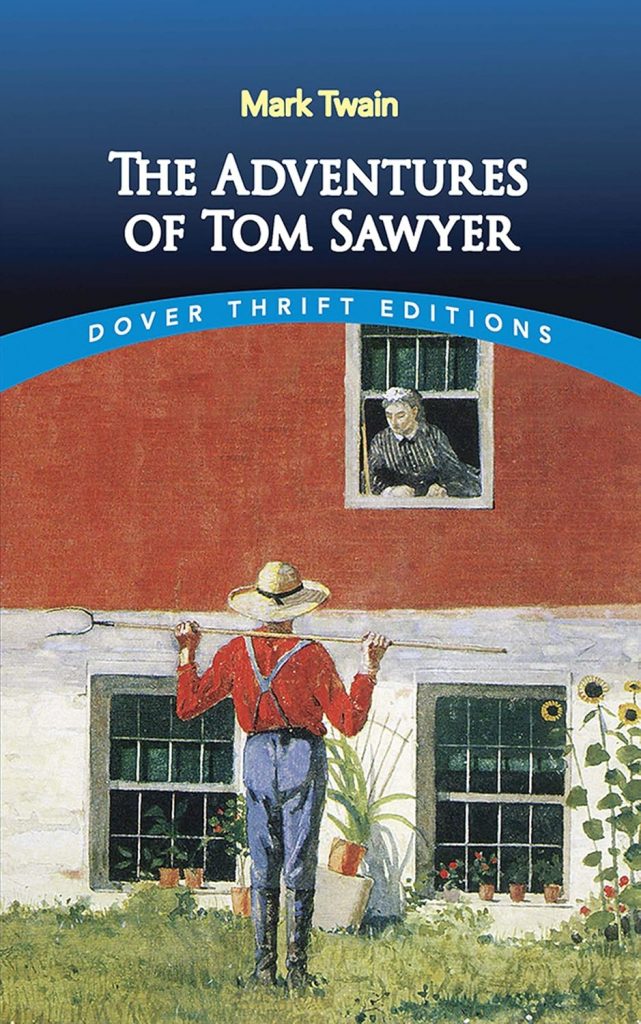 Cover art for the Adventures of Tom Sawyer. The image is of a boy in bib overalls looking at a farm house talking to a woman in the second floor window.