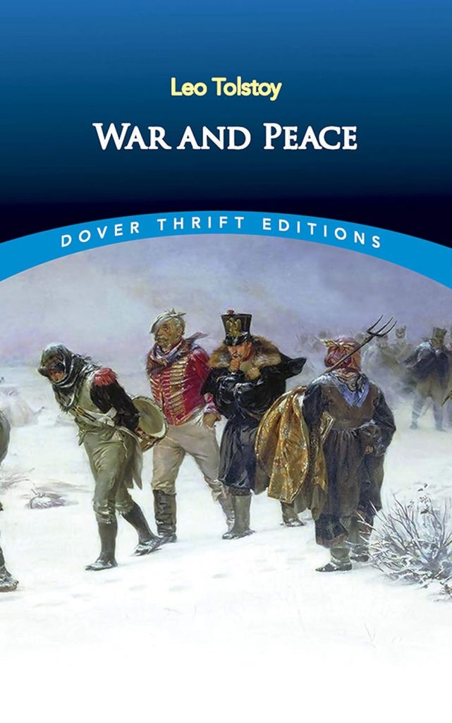 Cover art for War and Peace. Image is a winter scene in Easter Europe and four soldiers in uniform marching.