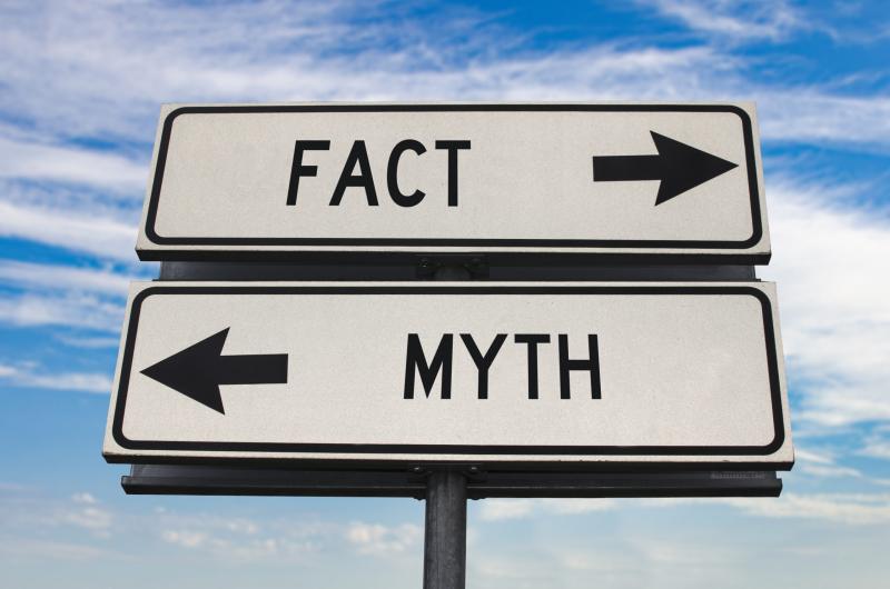 Two street signs on top of one another the top displaying the word "Fact" with an arrow pointing right and the lover sign displaying the work Myth with an arrow pointing left. Both signs are white with the background being sky blue with clouds.