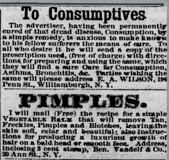 Golden Weekly Globe, May 25, 1878 Newspaper advertisements for health remedies. The top ad is titled "To Consumptives" and the bottom ad is titled "PIMPLES"