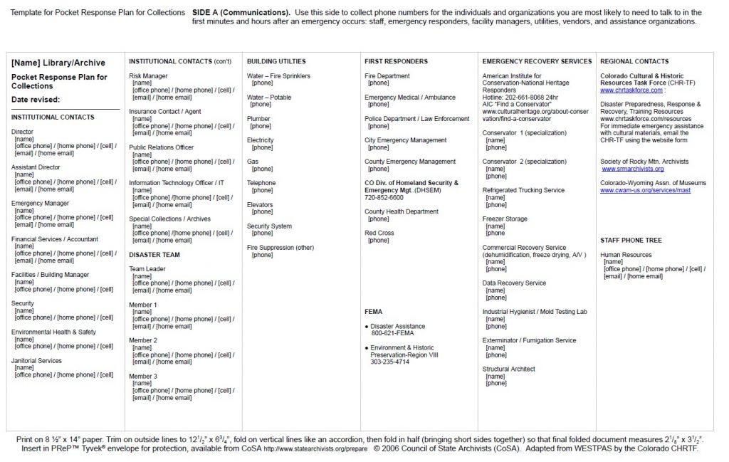 Pocket Response Template (side A) from Colorado Cultural & Historic Resources Task Force including institutional contacts, building utilities, first responders, FEMA, emergency recovery services, regional contacts, staff phone tree