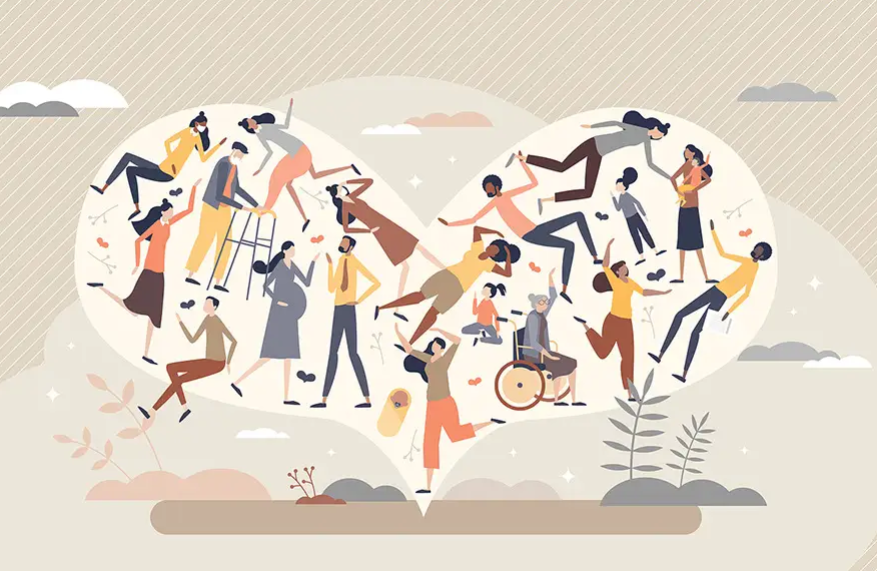drawing of a diverse group of people in a heart shaped cloud.