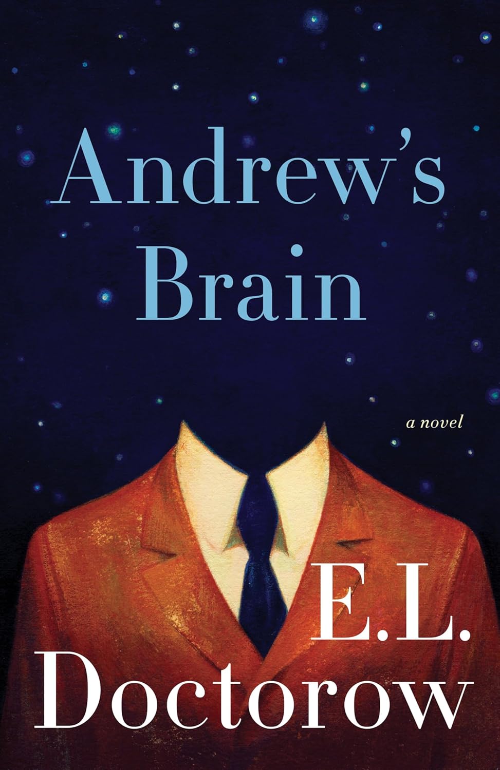 Cover art for Andrew's Brain. The background for the image is dark blue with stars like the night sky, and there is no head on the shoulders of a man wearing an orange suit and navy tie.