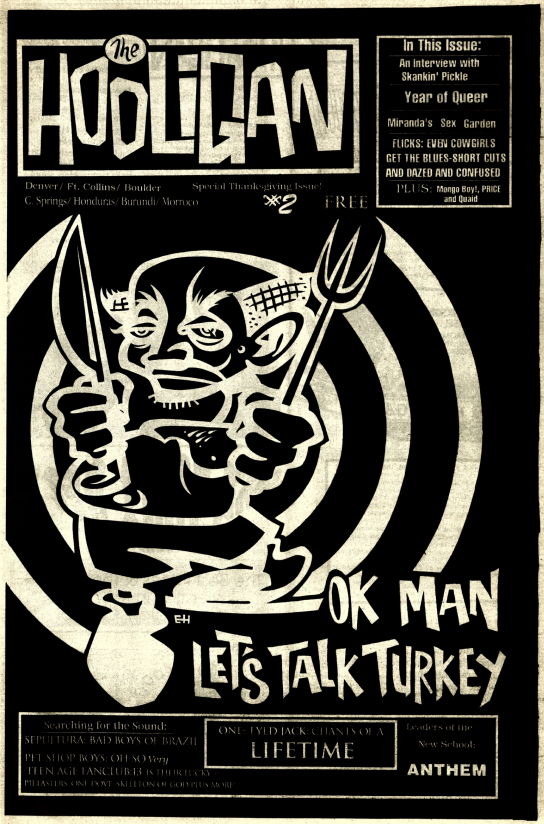 The Hooligan newspaper cover and abstract image of a man with knife and fork saying ok let's talk turkey