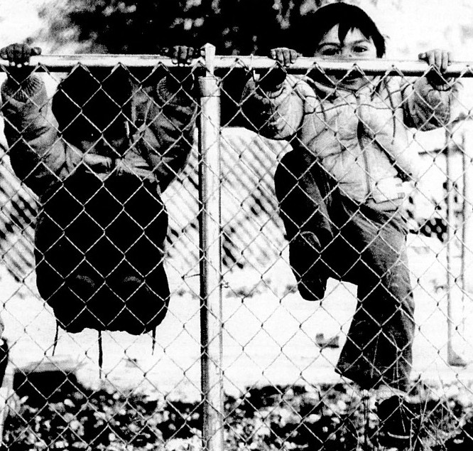 Two young boys climb a chain link fence.