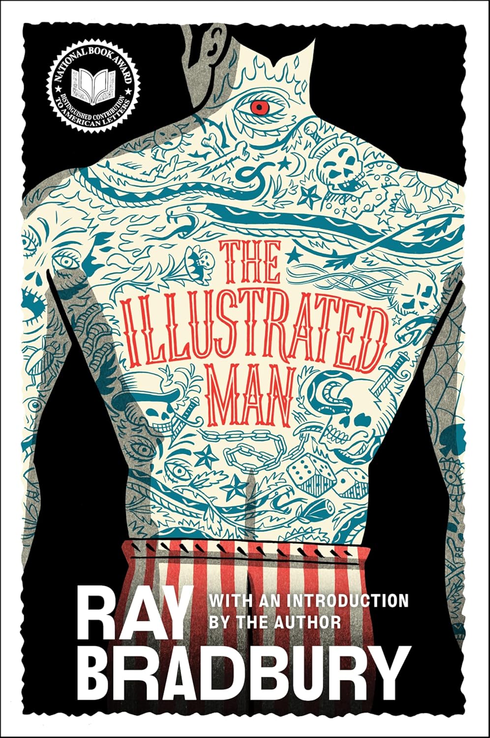 Cover art for The Illustrated Man by Ray Bradbury. Shows a illustration of a back view of a man's torso heavily tattooed with teal ink.