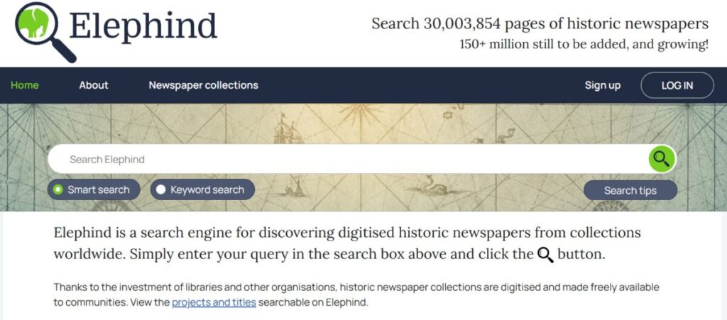 Screenshot of the Elephind homepage showing the keyword search and the Smart search options.