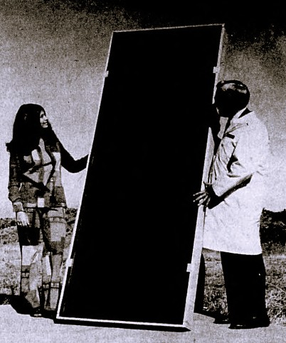 A woman in a patchwork suit and a man in a lab coat hold a very large solar cell panel.