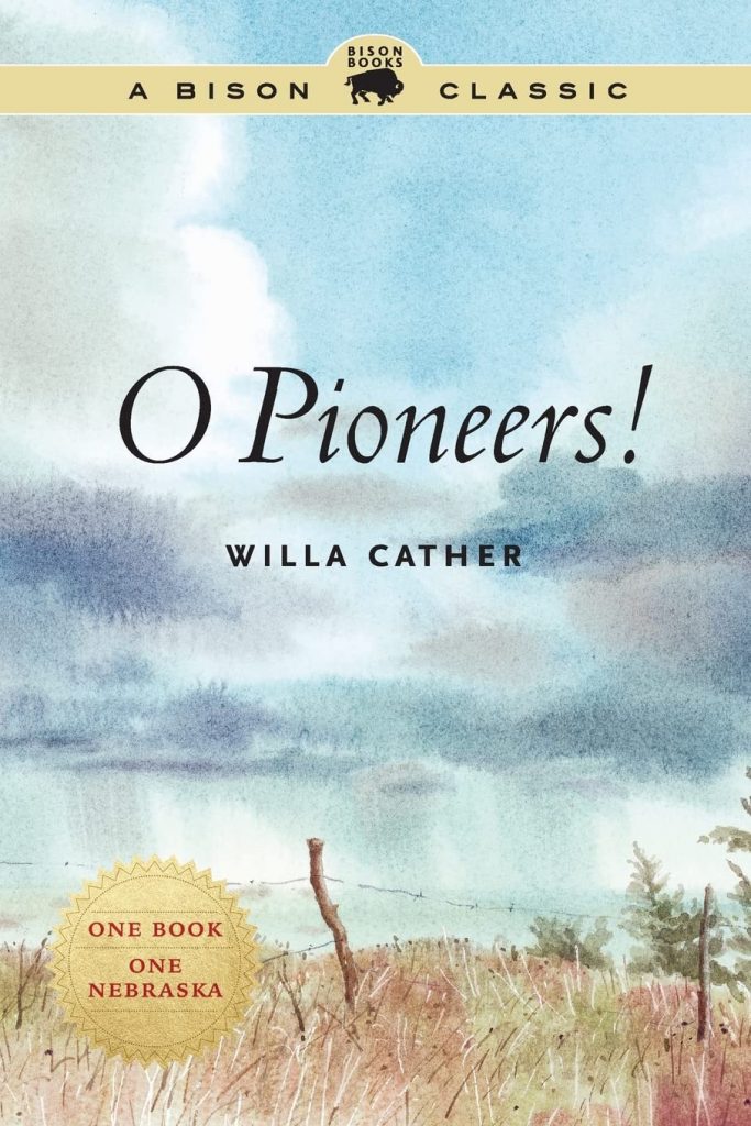 O Pioneers cover art. Image of a barbed wie fence on the prairie with blue skies and prairie grass.