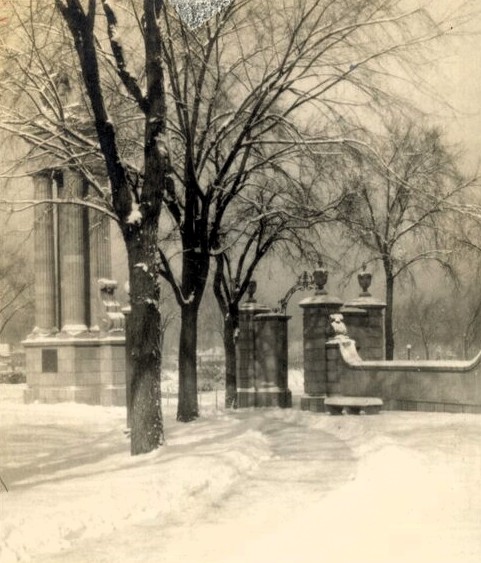 East High School's Sullivan Gate in the snow, taken from the south looking northwest