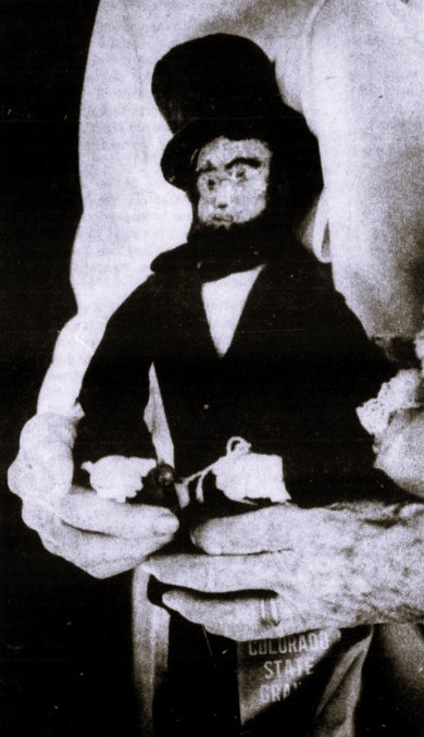 A woman's hands grasp the Abraham Lincoln doll she crafted from apples.