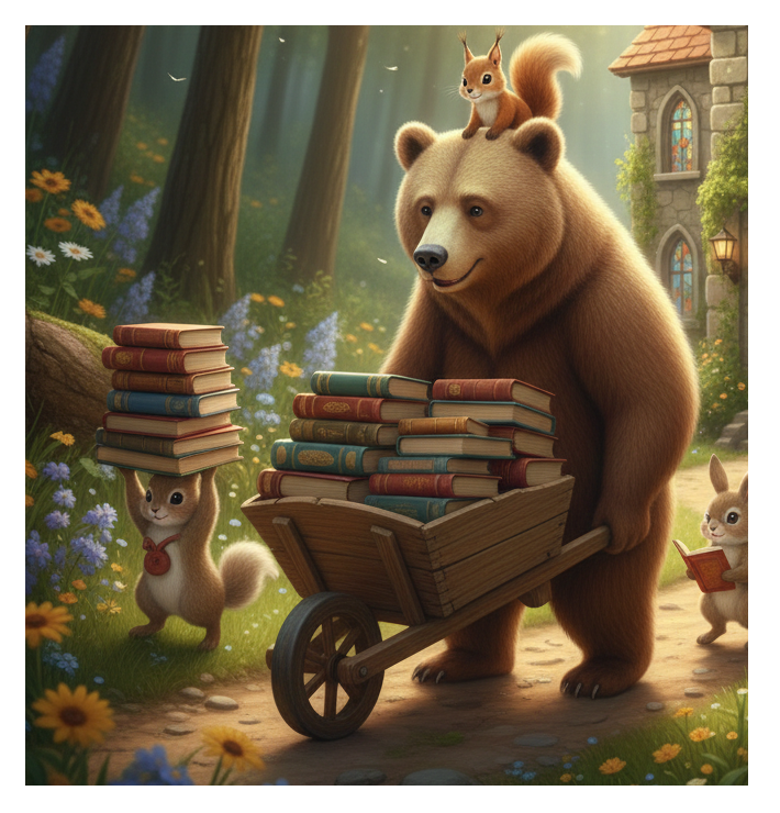 AI generated graphic of a bear pushing a wheelbarrow full of books down a path, with a squirrel on his head and another squirrel carrying a stack of books - along with a rabbit. There are flowers and trees in the background and in the right corner a stone house.
