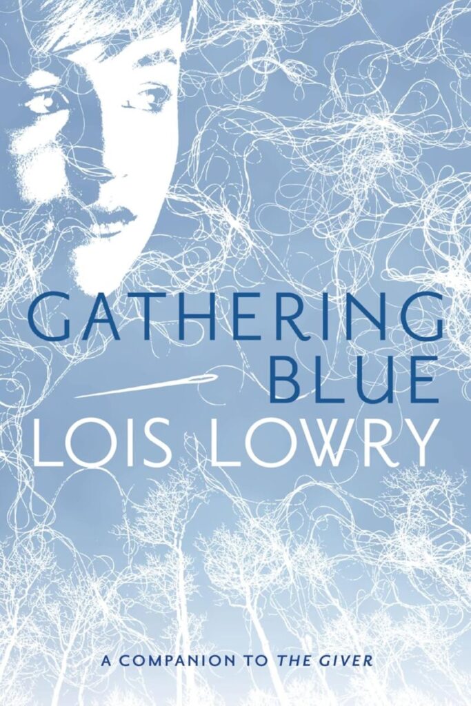 Cover art for the Gathering Blue. Colors are light blue and white with the image of a face in the upper left corner.