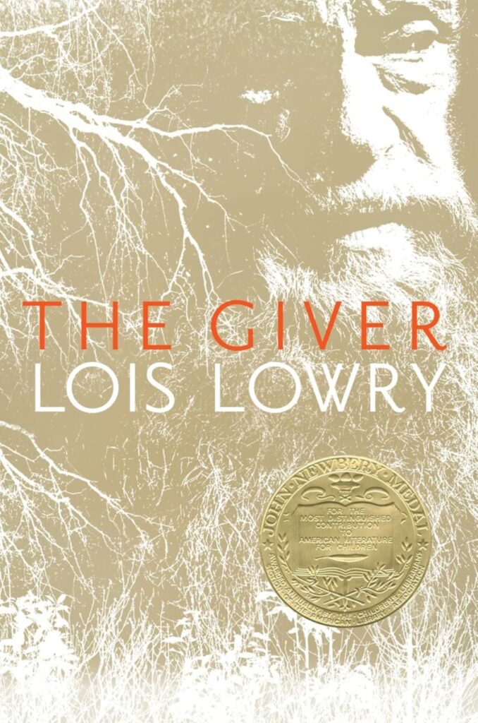 Cover art for the Giver. The colors are tan and white and there is an image of a man's face in the upper right corner, with a long flowing beard.
