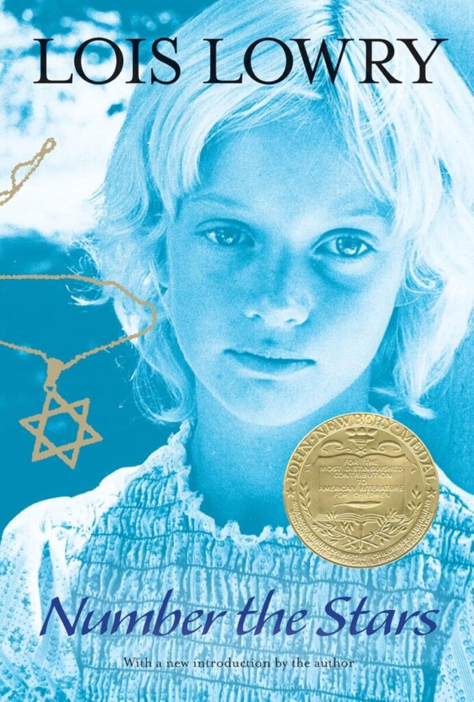 Cover art for Number the Stars. The image of a young girl with blond hair is centered in a teal background. There is a Hebrew star on a chain beside the face.