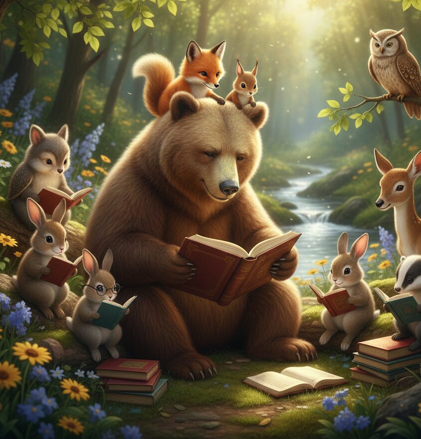 Woodland book club. In the center there is a bear reading a book, beside the bear are rabbits, squirrels, a fawn, an owl, and a badger, all reading or listening to what is being read. They are sitting by a stream and there are flowers and trees in the background, with a sunlight beam providing light.