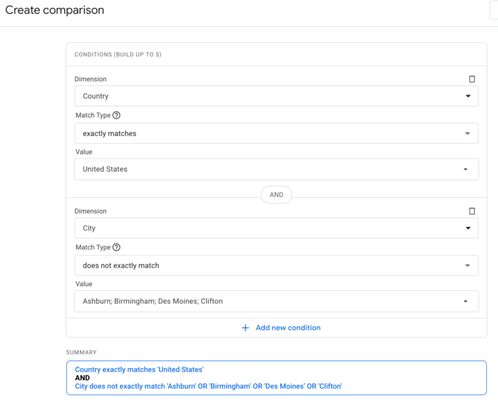 Create comparison dialog box showing settings for Country and City dimensions, as described in the text above.