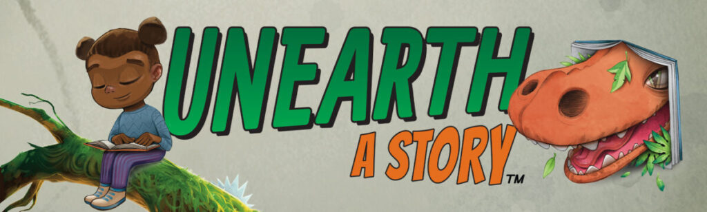 Unearth a Story CSLP logo. Girl Reading and dinosaur face smiling.