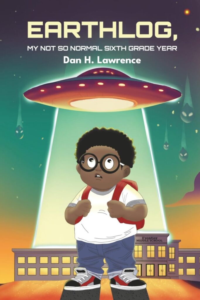 Cover art for Earthlog. Cartoon of a small boy wearing round glasses, sneakers, an whit T-shirt and jeans - carrying a backpack and standing in the light ray of a space ship overhead.
