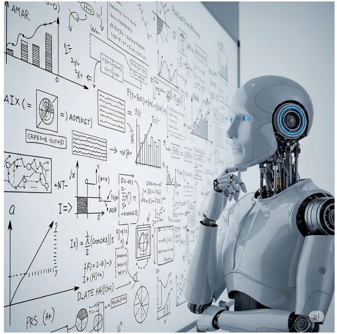 White humanoid robot looking at a whiteboard with calculations.