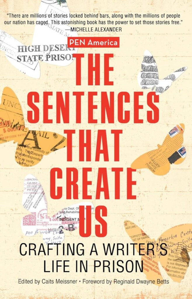 Cover art for the Sentences that Create Us. Pale yellow background with 2 dimensional butterflies made out of printed pages.