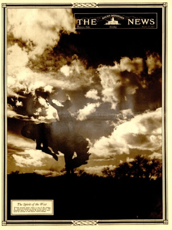 Front page of the magazine section showing cowboy on a bucking bronco and landscape