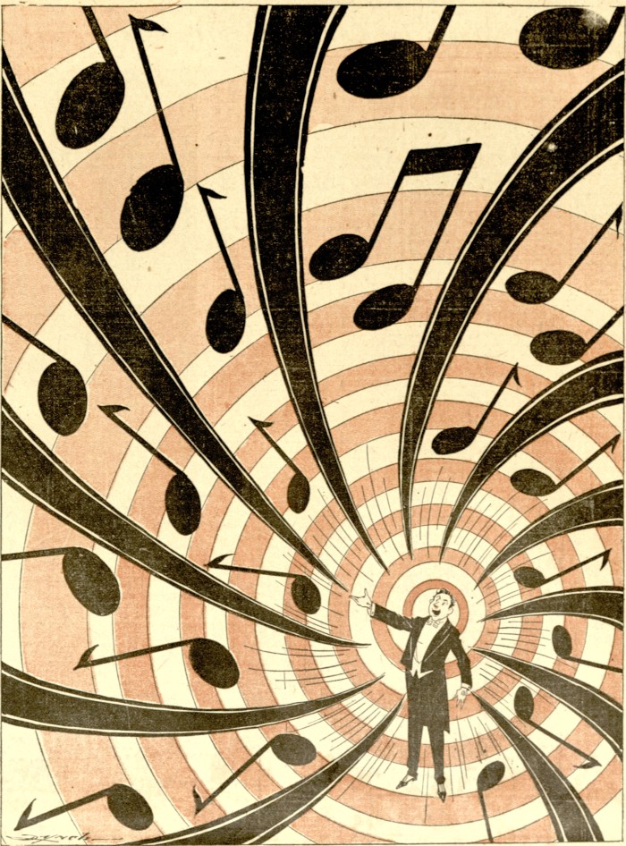 Cartoon of man and spiraling music symbols