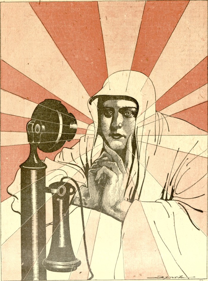 Cartoon of woman wearing scarf and old telephone