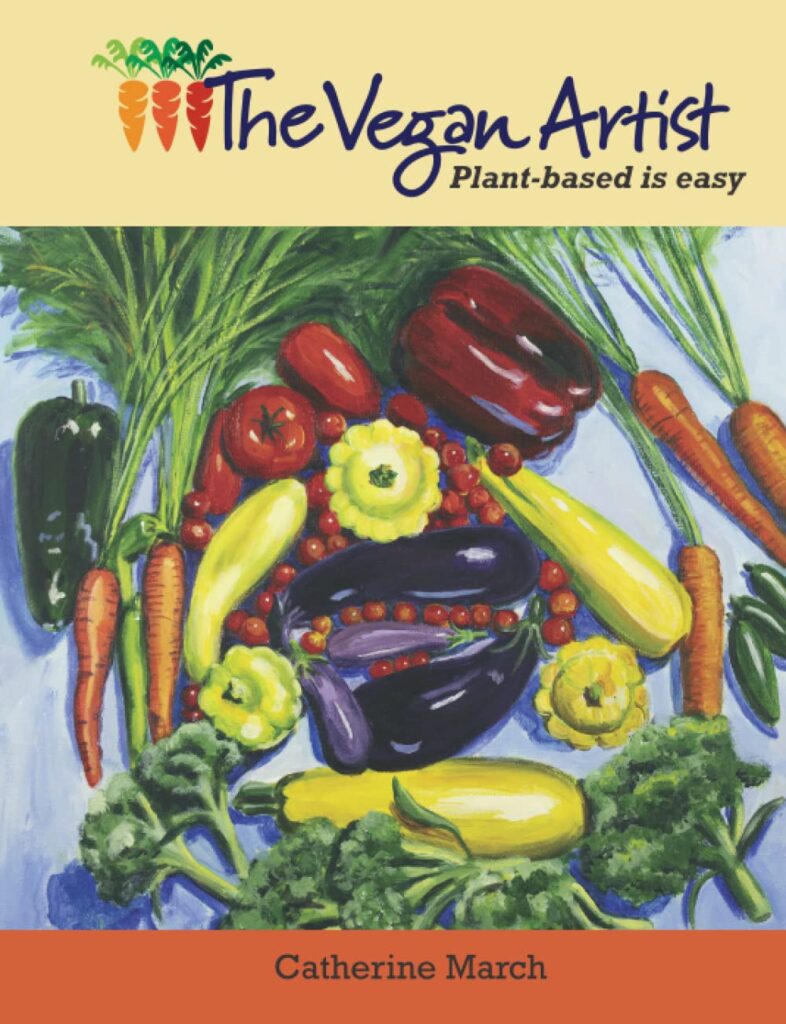 Cover Art for The Vegan Artist. The image is a pile of vegetables on a blue background - with carrots and squash and peppers and eggplant.