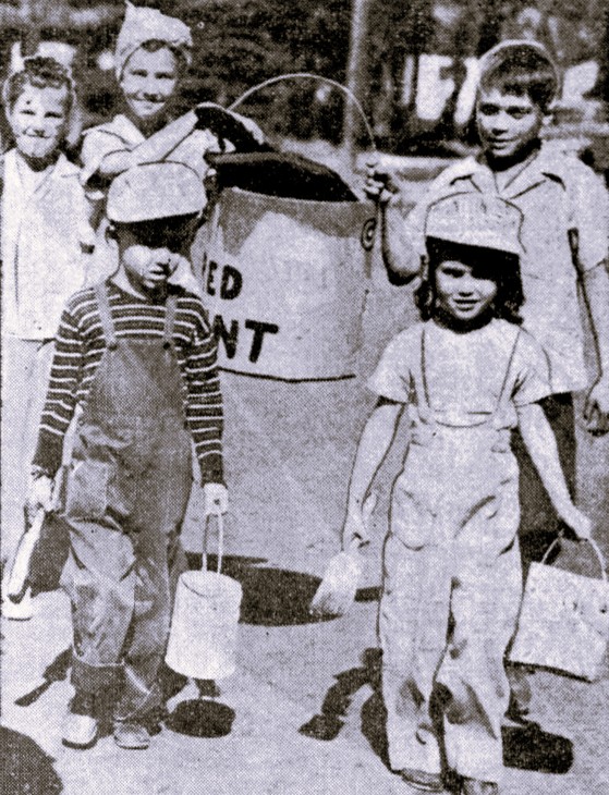 Five children carry paint buckets and brushes.